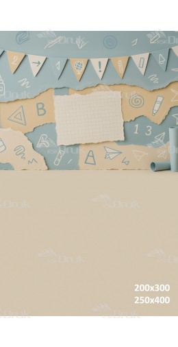 Tło fotograficzne szkolne – beżowo-błękitny kolaż z motywami edukacyjnymi | 3680